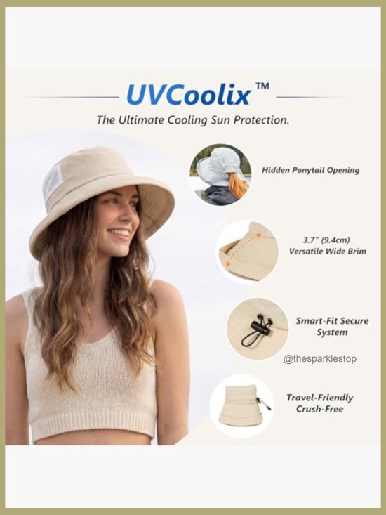 UPF 50 Cooling Bucket Sun Hat with Ponytail Hole Wide Brim Packable